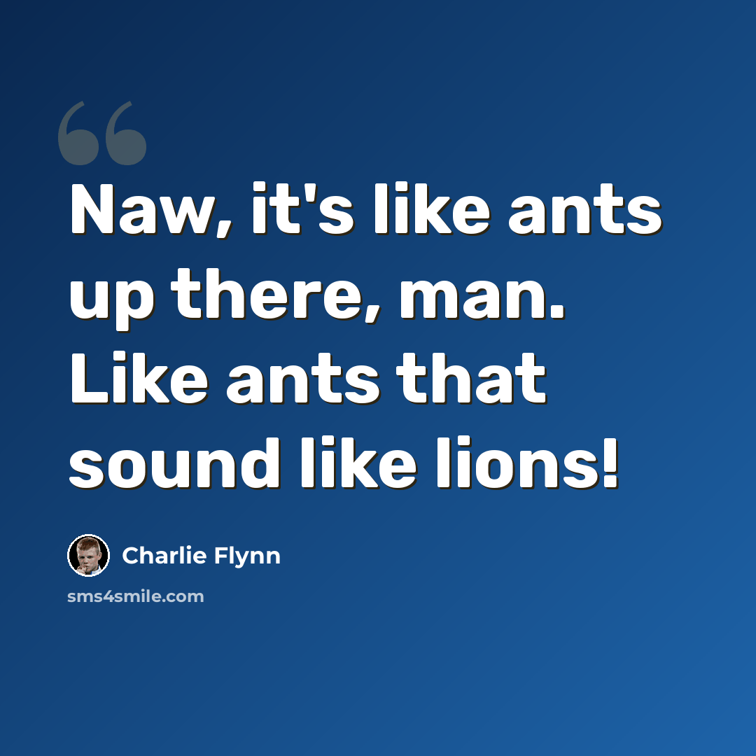 “Naw, it's like ants up there, man. Like ants that sound like lions!” quote by Charlie Flynn