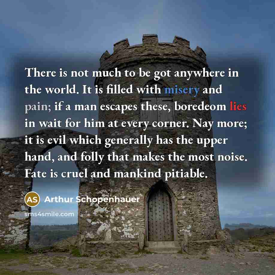 “There is not much to be got anywhere in the world. It is filled with misery and pain; if a man escapes these, boredeom lies in wait for him at every corner. Nay more; it is evil which generally has the upper hand, and folly that makes the most noise. Fate is cruel and mankind pitiable.” quote by Arthur Schopenhauer