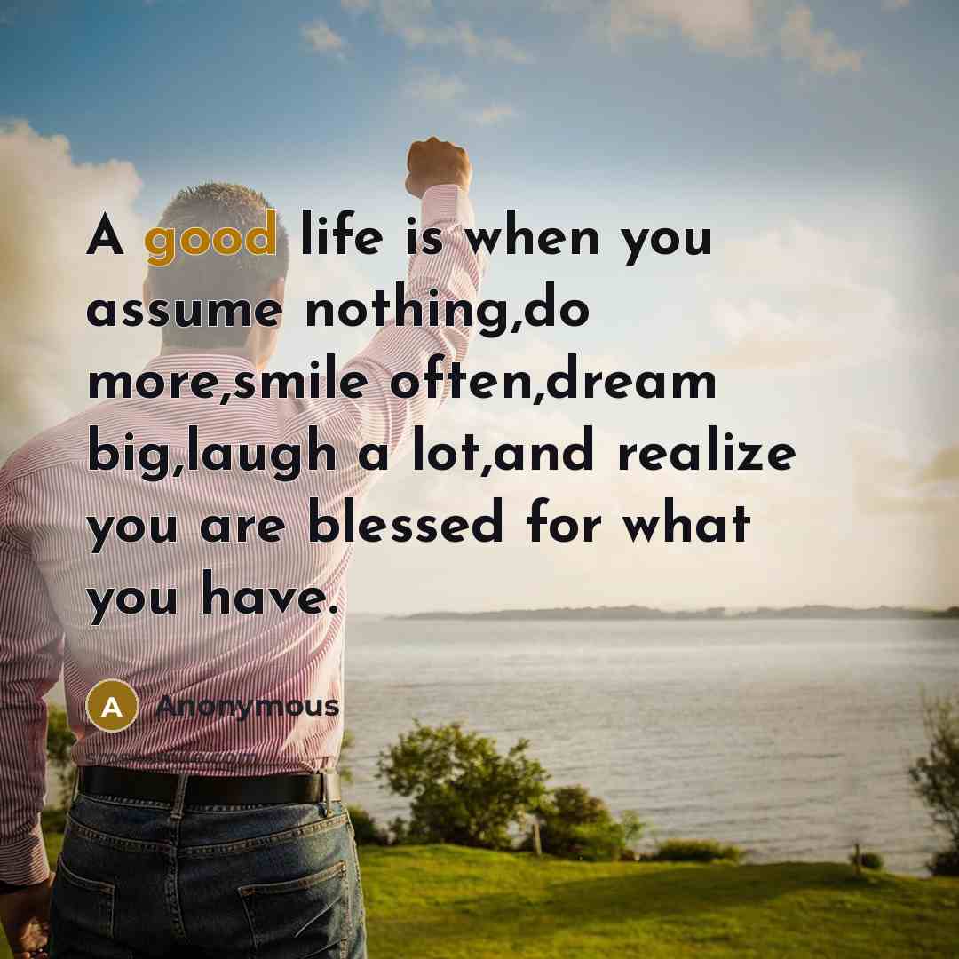 “A good life is when you assume nothing,do more,smile often,dream big,laugh a lot,and realize you are blessed for what you have.” quote by Anonymous