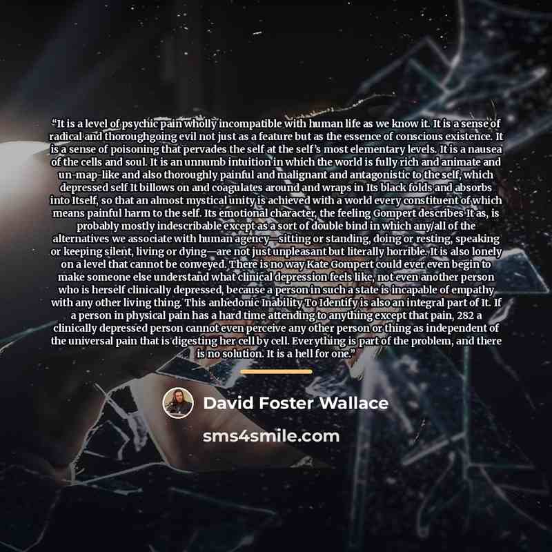 “It is a level of psychic pain wholly incompatible with human life as we know it. It is a sense of radical and thoroughgoing evil not just as a feature but as the essence of conscious existence. It is a sense of poisoning that pervades the self at the self’s most elementary levels. It is a nausea…” quote by David Foster Wallace