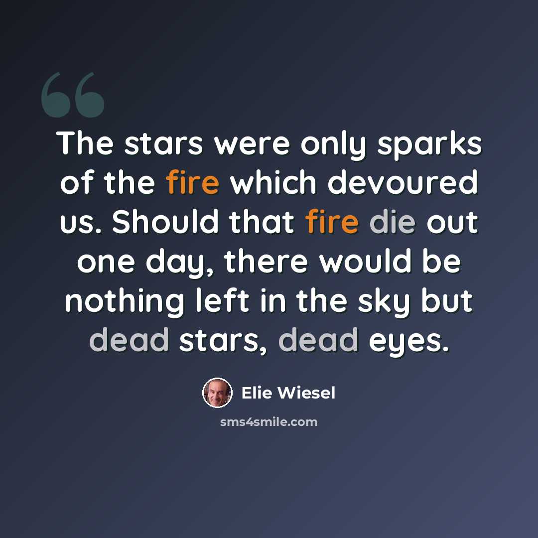 “The stars were only sparks of the fire which devoured us. Should that fire die out one day, there would be nothing left in the sky but dead stars, dead eyes.” quote by Elie Wiesel