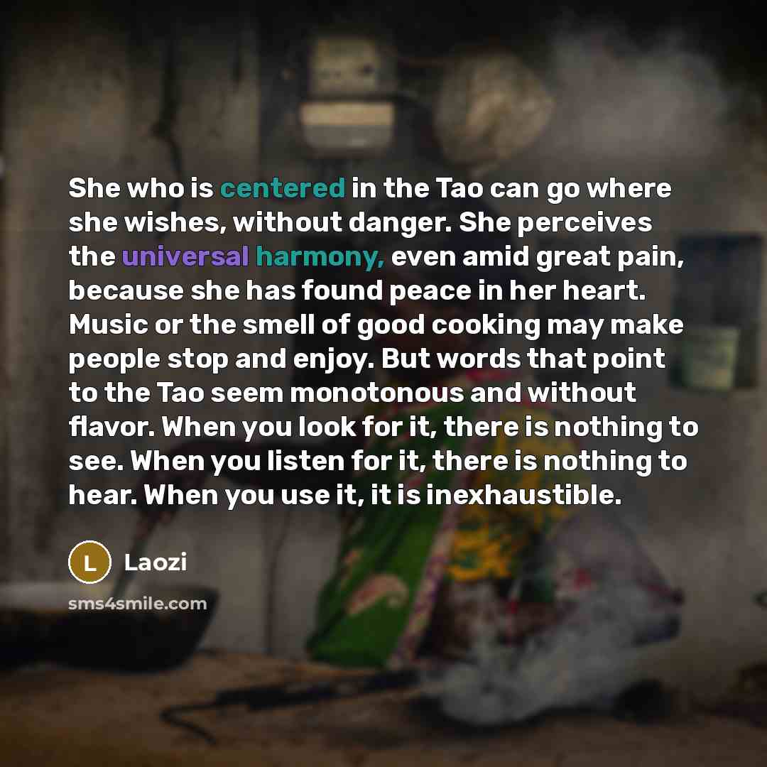 “She who is centered in the Tao can go where she wishes, without danger. She perceives the universal harmony, even amid great pain, because she has found peace in her heart. Music or the smell of good cooking may make people stop and enjoy. But words that point to the Tao seem monotonous and…” quote by Laozi