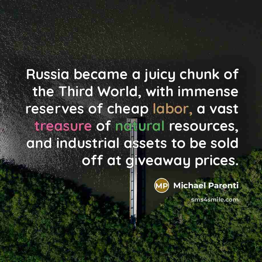 “Russia became a juicy chunk of the Third World, with immense reserves of cheap labor, a vast treasure of natural resources, and industrial assets to be sold off at giveaway prices.” quote by Michael Parenti