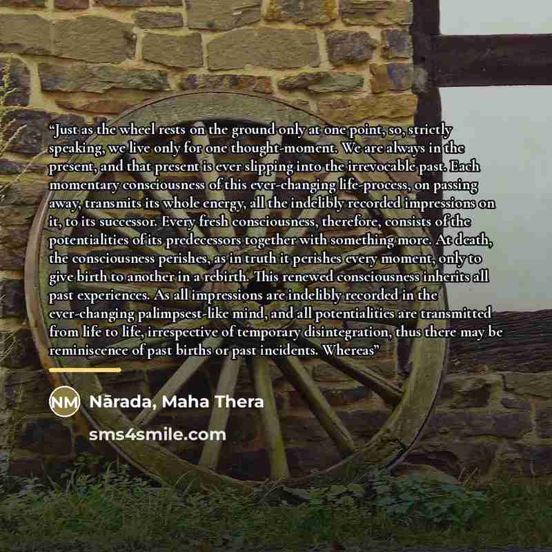 “Just as the wheel rests on the ground only at one point, so, strictly speaking, we live only for one thought-moment. We are always in the present, and that present is ever slipping into the irrevocable past. Each momentary consciousness of this ever-changing life-process, on passing away…” quote by Nārada, Maha Thera
