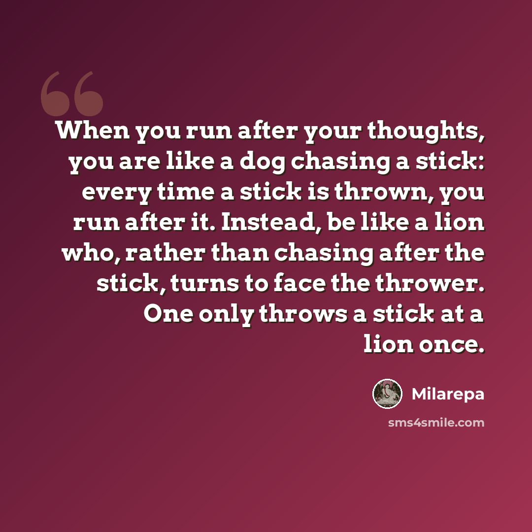 “When you run after your thoughts, you are like a dog chasing a stick: every time a stick is thrown, you run after it. Instead, be like a lion who, rather than chasing after the stick, turns to face the thrower. One only throws a stick at a lion once.” quote by Milarepa