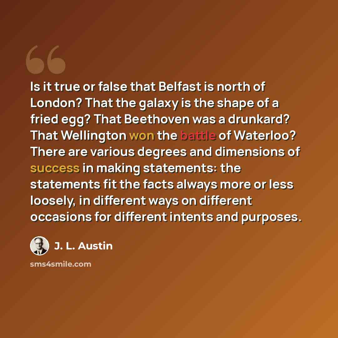 “Is it true or false that Belfast is north of London? That the galaxy is the shape of a fried egg? That Beethoven was a drunkard? That Wellington won the battle of Waterloo? There are various degrees and dimensions of success in making statements: the statements fit the facts always more or less…” quote by J. L. Austin