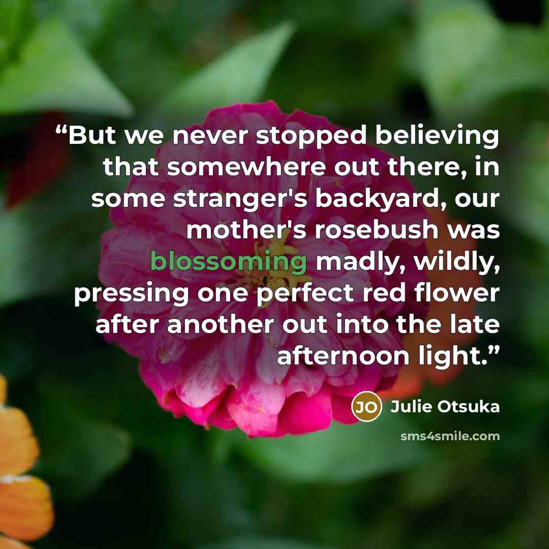 “But we never stopped believing that somewhere out there, in some stranger's backyard, our mother's rosebush was blossoming madly, wildly, pressing one perfect red flower after another out into the late afternoon light.” quote by Julie Otsuka