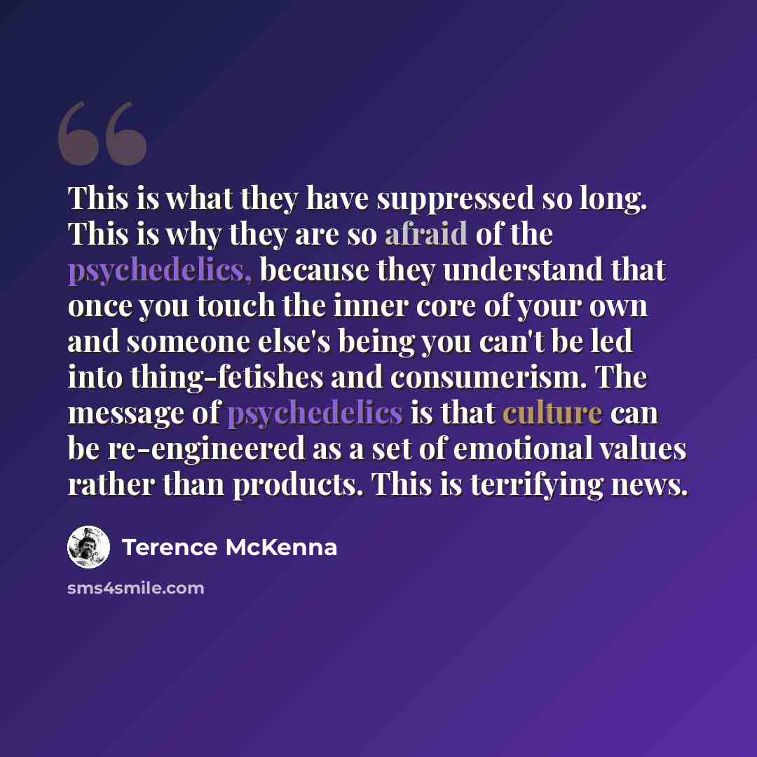 “This is what they have suppressed so long. This is why they are so afraid of the psychedelics, because they understand that once you touch the inner core of your own and someone else's being you can't be led into thing-fetishes and consumerism. The message of psychedelics is that culture can be…” quote by Terence McKenna
