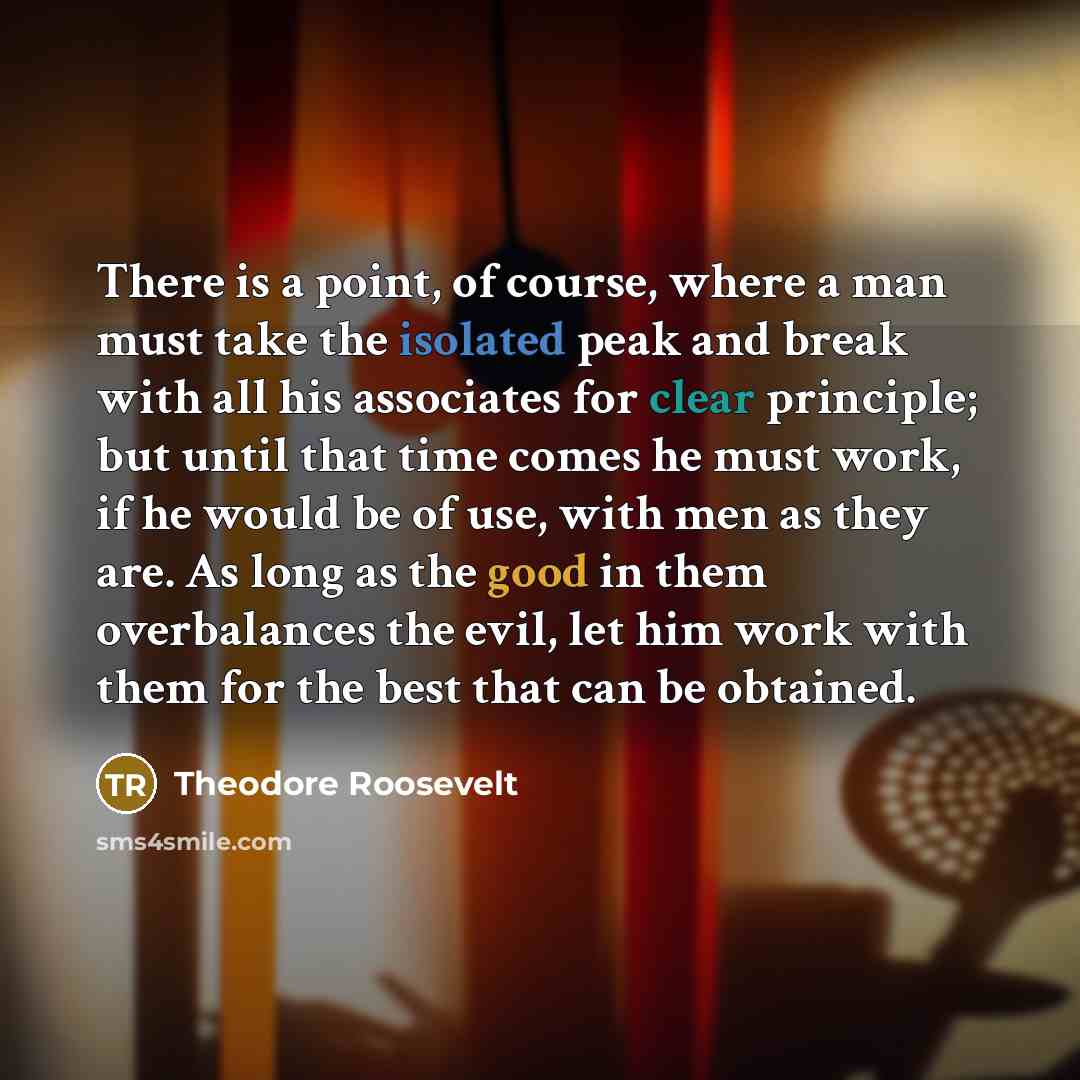 “There is a point, of course, where a man must take the isolated peak and break with all his associates for clear principle; but until that time comes he must work, if he would be of use, with men as they are. As long as the good in them overbalances the evil, let him work with them for the best…” quote by Theodore Roosevelt