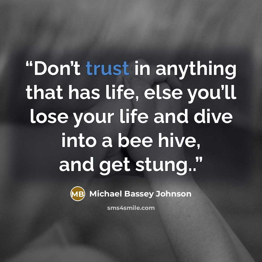 “Don’t trust in anything that has life, else you’ll lose your life and dive into a bee hive, and get stung..” quote by Michael Bassey Johnson