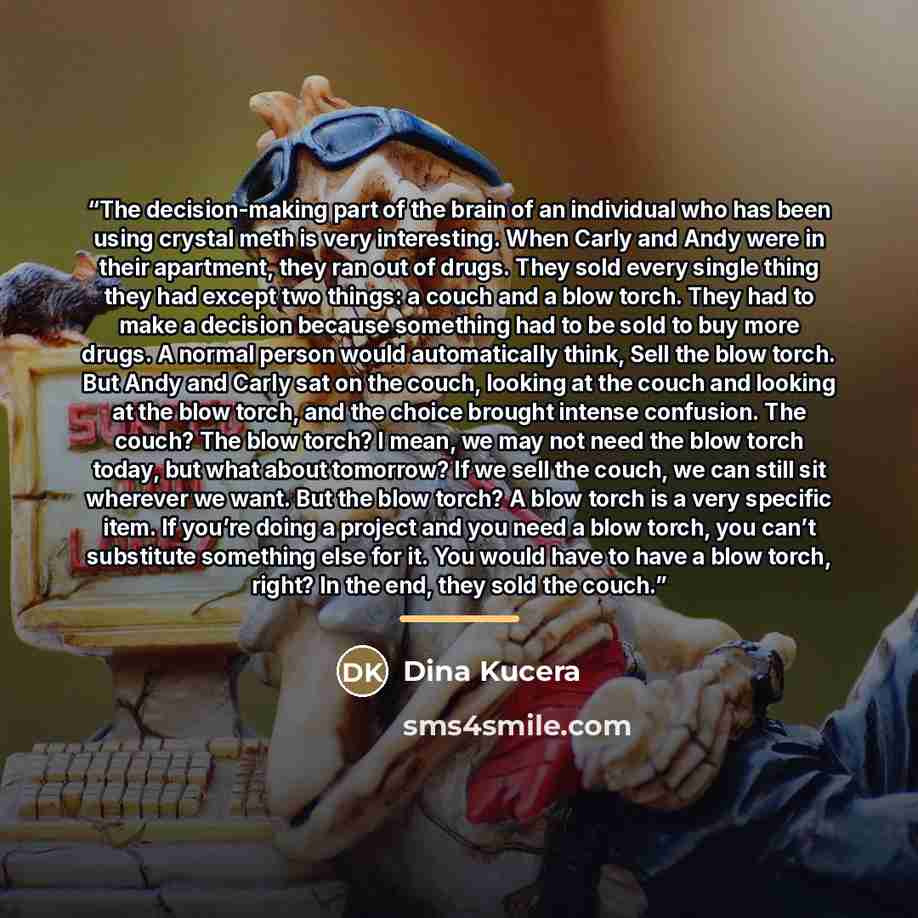 “The decision-making part of the brain of an individual who has been using crystal meth is very interesting. When Carly and Andy were in their apartment, they ran out of drugs. They sold every single thing they had except two things: a couch and a blow torch. They had to make a decision because…” quote by Dina Kucera