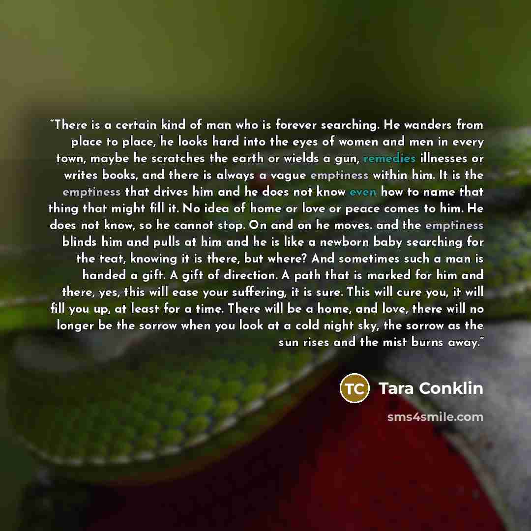 “There is a certain kind of man who is forever searching. He wanders from place to place, he looks hard into the eyes of women and men in every town, maybe he scratches the earth or wields a gun, remedies illnesses or writes books, and there is always a vague emptiness within him. It is the…” quote by Tara Conklin