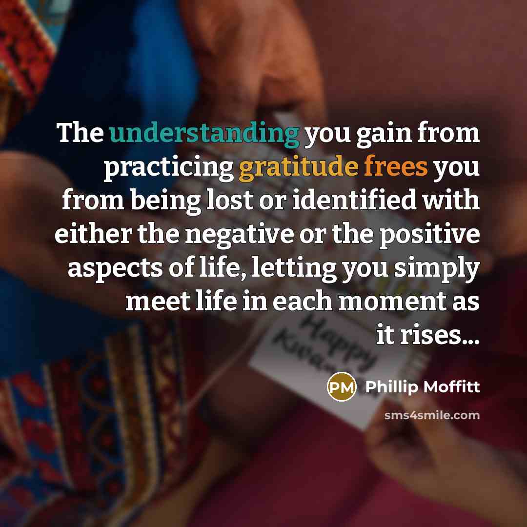“The understanding you gain from practicing gratitude frees you from being lost or identified with either the negative or the positive aspects of life, letting you simply meet life in each moment as it rises...” quote by Phillip Moffitt