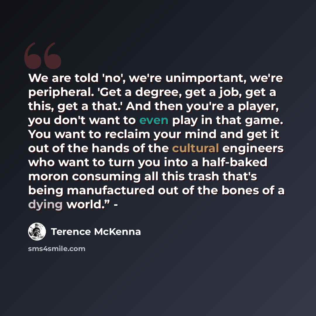 “We are told 'no', we're unimportant, we're peripheral. 'Get a degree, get a job, get a this, get a that.' And then you're a player, you don't want to even play in that game. You want to reclaim your mind and get it out of the hands of the cultural engineers who want to turn you into a half-baked…” quote by Terence McKenna