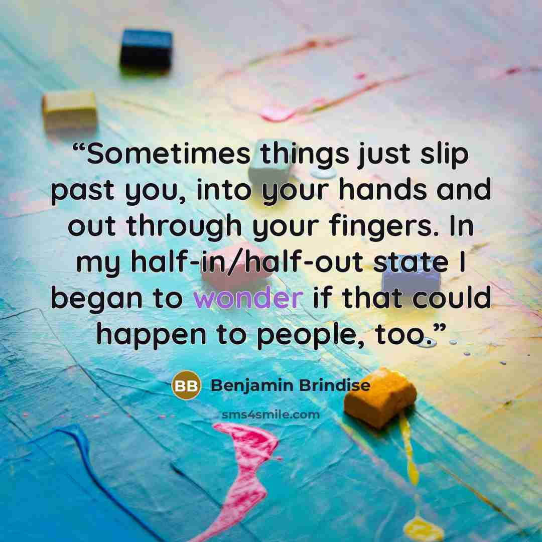 “Sometimes things just slip past you, into your hands and out through your fingers. In my half-in/half-out state I began to wonder if that could happen to people, too.” quote by Benjamin Brindise
