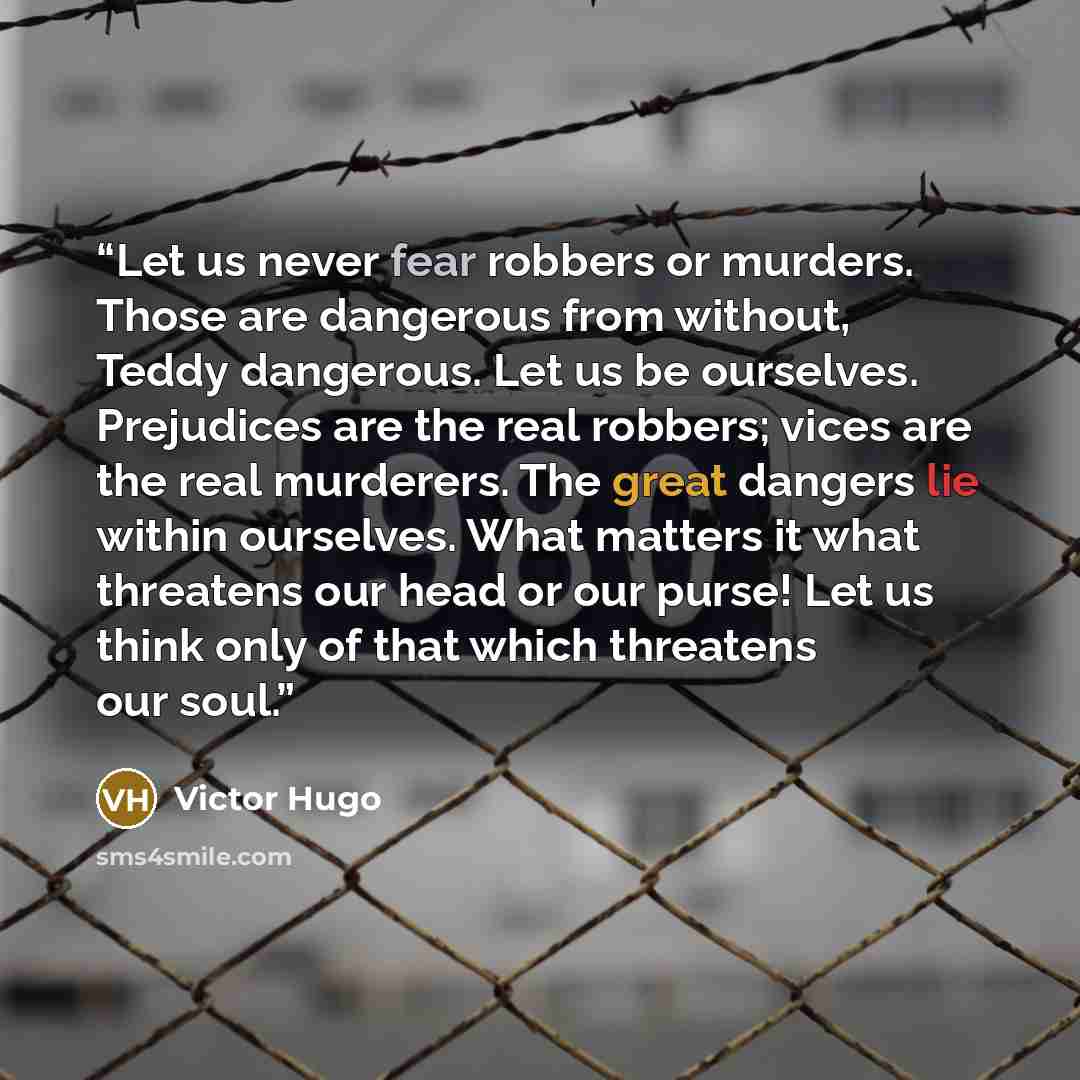 “Let us never fear robbers or murders. Those are dangerous from without, Teddy dangerous. Let us be ourselves. Prejudices are the real robbers; vices are the real murderers. The great dangers lie within ourselves. What matters it what threatens our head or our purse! Let us think only of that which…” quote by Victor Hugo