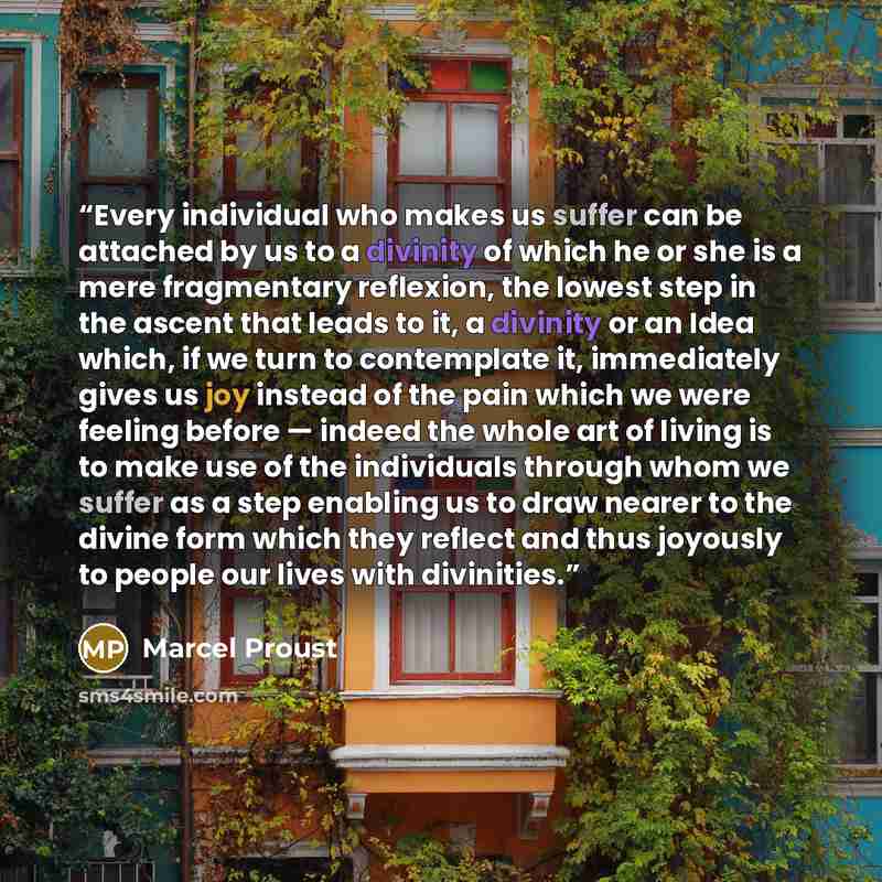 “Every individual who makes us suffer can be attached by us to a divinity of which he or she is a mere fragmentary reflexion, the lowest step in the ascent that leads to it, a divinity or an Idea which, if we turn to contemplate it, immediately gives us joy instead of the pain which we were feeling…” quote by Marcel Proust