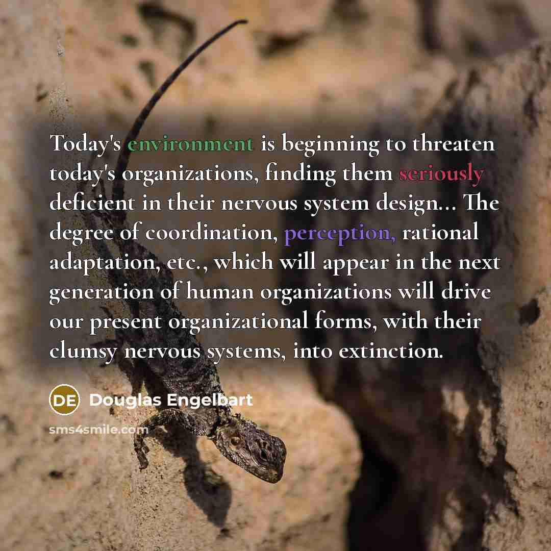 “Today's environment is beginning to threaten today's organizations, finding them seriously deficient in their nervous system design... The degree of coordination, perception, rational adaptation, etc., which will appear in the next generation of human organizations will drive our present…” quote by Douglas Engelbart