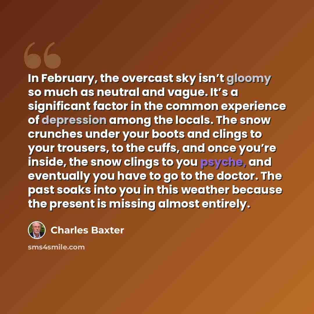 “In February, the overcast sky isn’t gloomy so much as neutral and vague. It’s a significant factor in the common experience of depression among the locals. The snow crunches under your boots and clings to your trousers, to the cuffs, and once you’re inside, the snow clings to you psyche, and…” quote by Charles Baxter