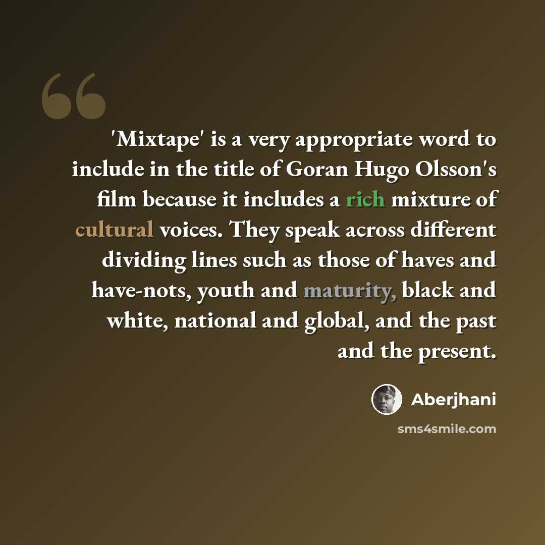“'Mixtape' is a very appropriate word to include in the title of Goran Hugo Olsson's film because it includes a rich mixture of cultural voices. They speak across different dividing lines such as those of haves and have-nots, youth and maturity, black and white, national and global, and the past…” quote by Aberjhani