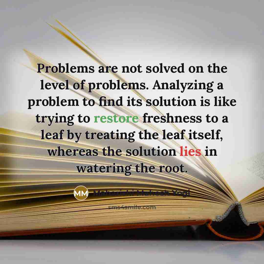 “Problems are not solved on the level of problems. Analyzing a problem to find its solution is like trying to restore freshness to a leaf by treating the leaf itself, whereas the solution lies in watering the root.” quote by Maharishi Mahesh Yogi