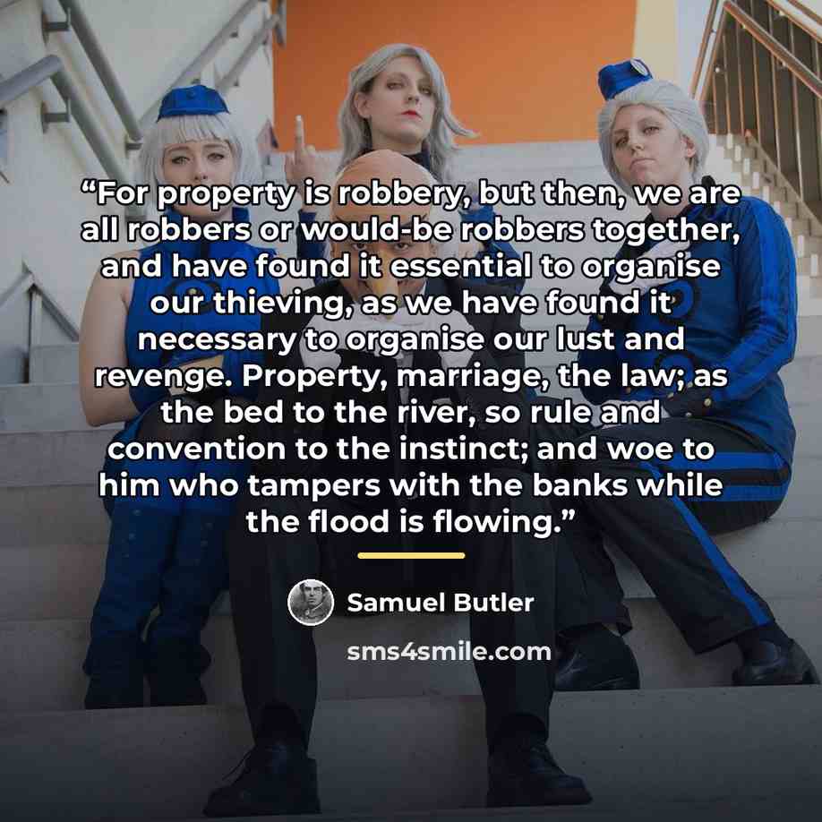 “For property is robbery, but then, we are all robbers or would-be robbers together, and have found it essential to organise our thieving, as we have found it necessary to organise our lust and revenge. Property, marriage, the law; as the bed to the river, so rule and convention to the instinct…” quote by Samuel Butler