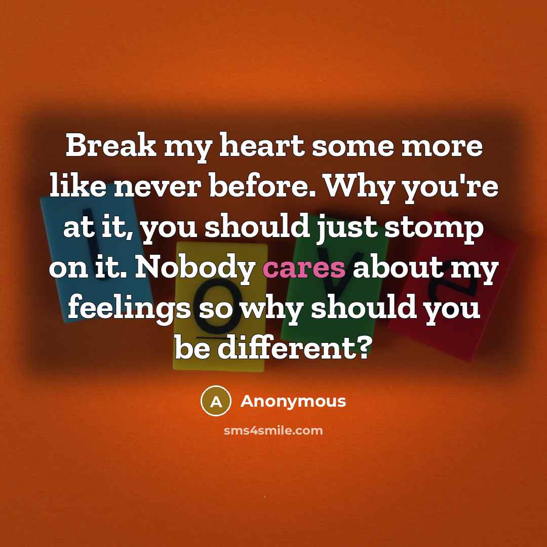 “Break my heart some more like never before. Why you're at it, you should just stomp on it. Nobody cares about my feelings so why should you be different?” quote by Anonymous