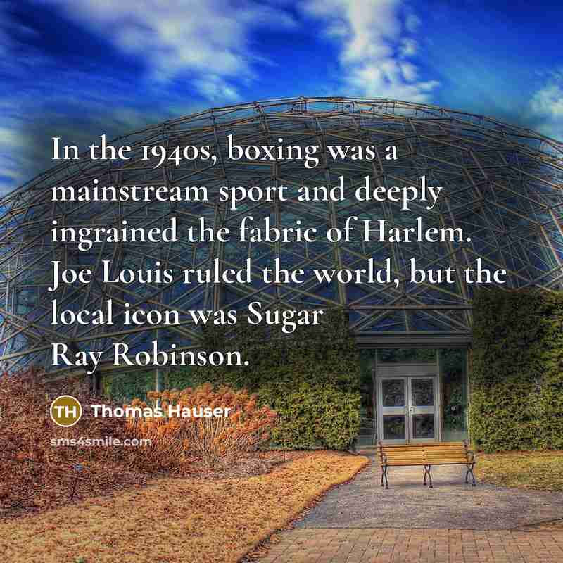 “In the 1940s, boxing was a mainstream sport and deeply ingrained the fabric of Harlem. Joe Louis ruled the world, but the local icon was Sugar Ray Robinson.” quote by Thomas Hauser