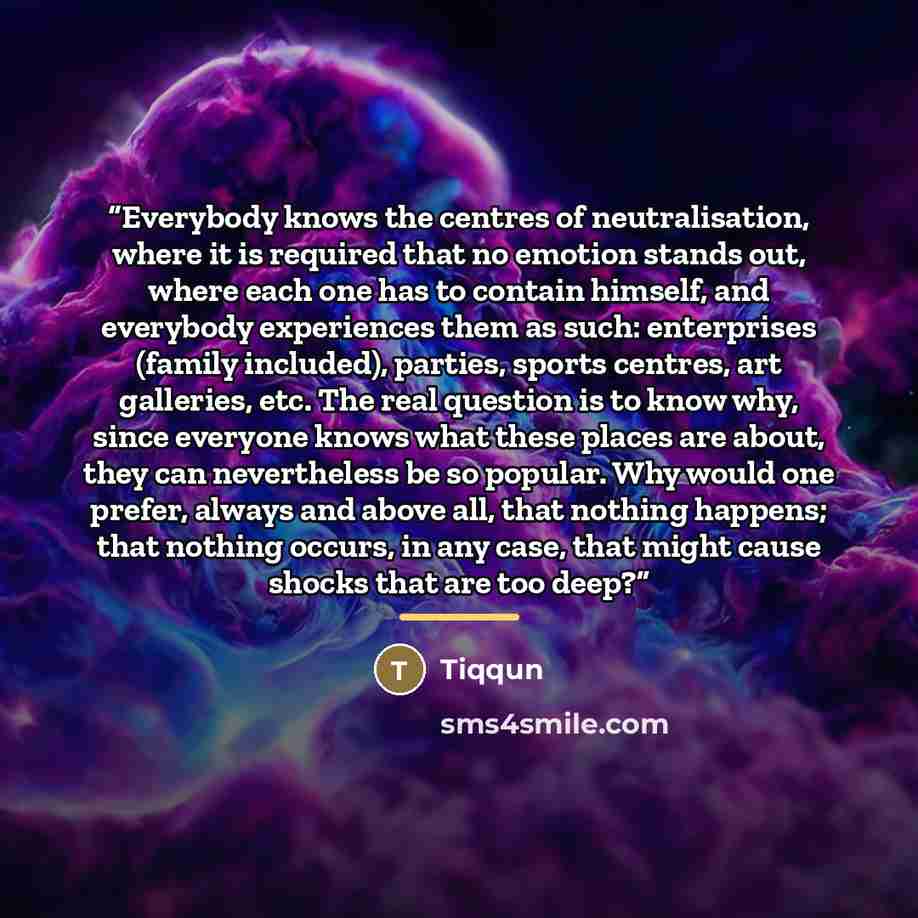 “Everybody knows the centres of neutralisation, where it is required that no emotion stands out, where each one has to contain himself, and everybody experiences them as such: enterprises (family included), parties, sports centres, art galleries, etc. The real question is to know why, since…” quote by Tiqqun