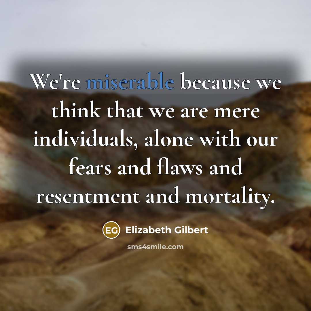 “We're miserable because we think that we are mere individuals, alone with our fears and flaws and resentment and mortality.” quote by Elizabeth Gilbert