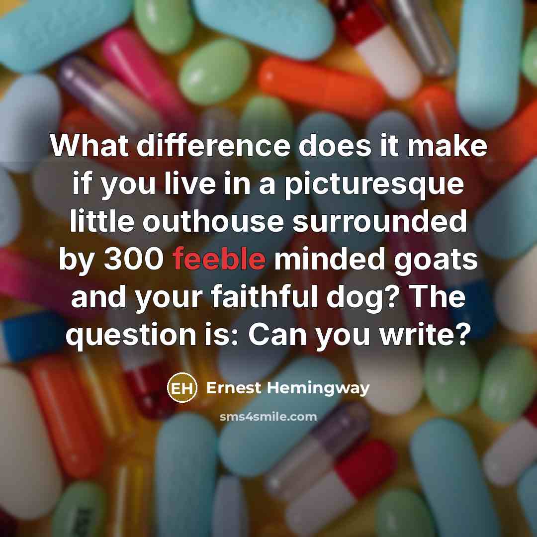 “What difference does it make if you live in a picturesque little outhouse surrounded by 300 feeble minded goats and your faithful dog? The question is: Can you write?” quote by Ernest Hemingway