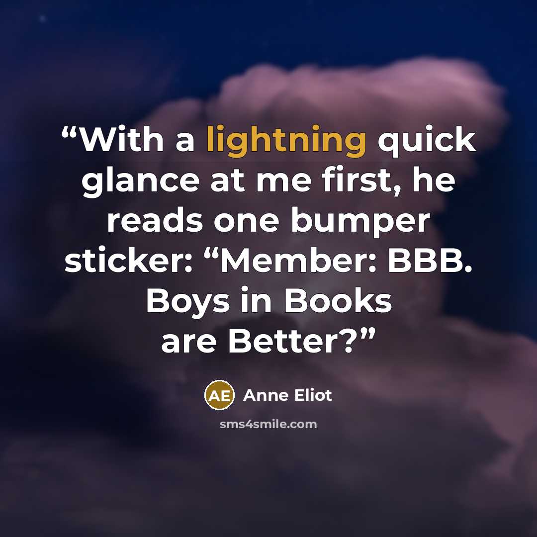 “With a lightning quick glance at me first, he reads one bumper sticker: “Member: BBB. Boys in Books are Better?” quote by Anne Eliot