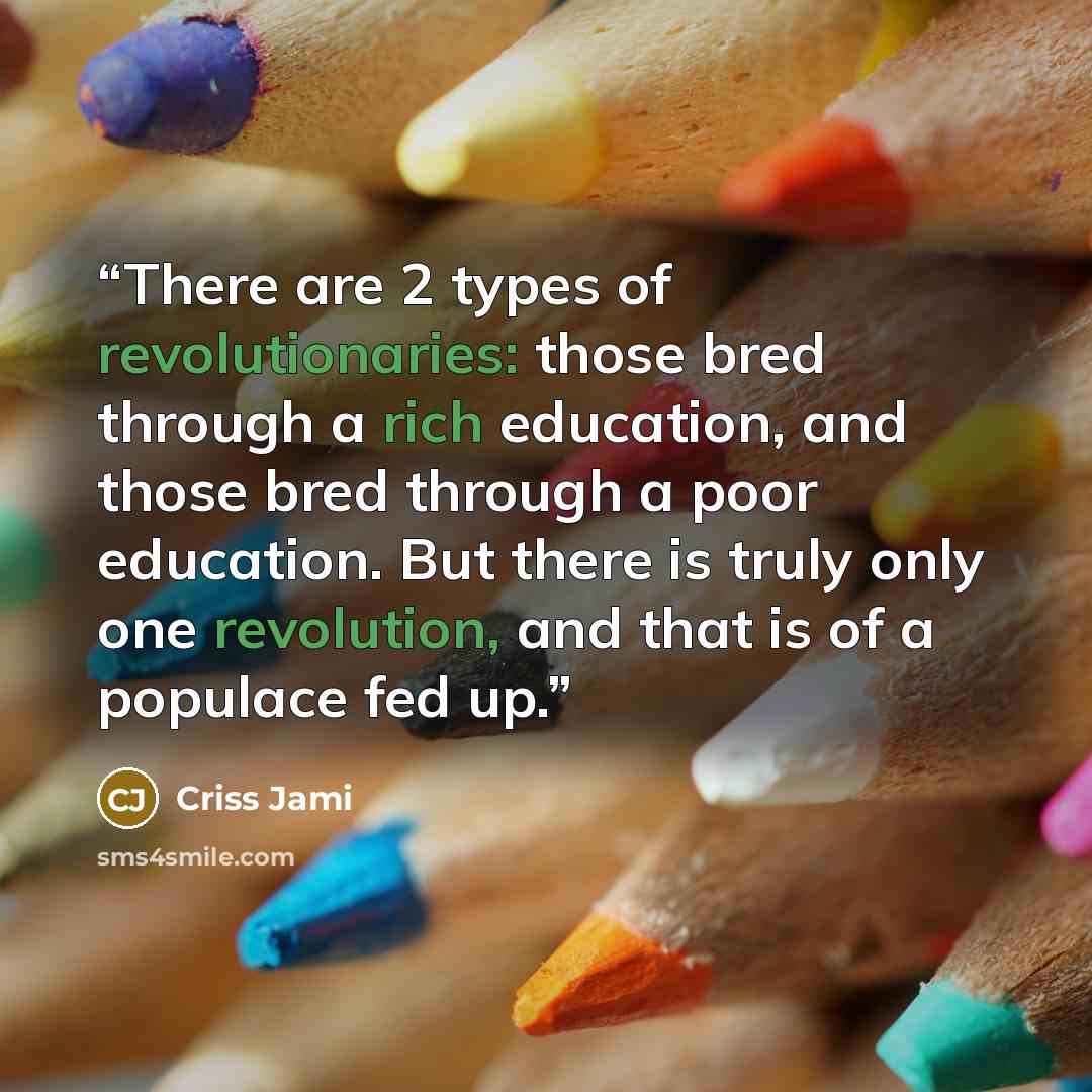 “There are 2 types of revolutionaries: those bred through a rich education, and those bred through a poor education. But there is truly only one revolution, and that is of a populace fed up.” quote by Criss Jami