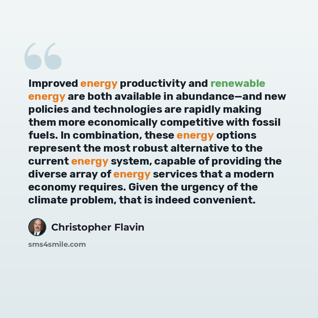 “Improved energy productivity and renewable energy are both available in abundance—and new policies and technologies are rapidly making them more economically competitive with fossil fuels. In combination, these energy options represent the most robust alternative to the current energy system…” quote by Christopher Flavin