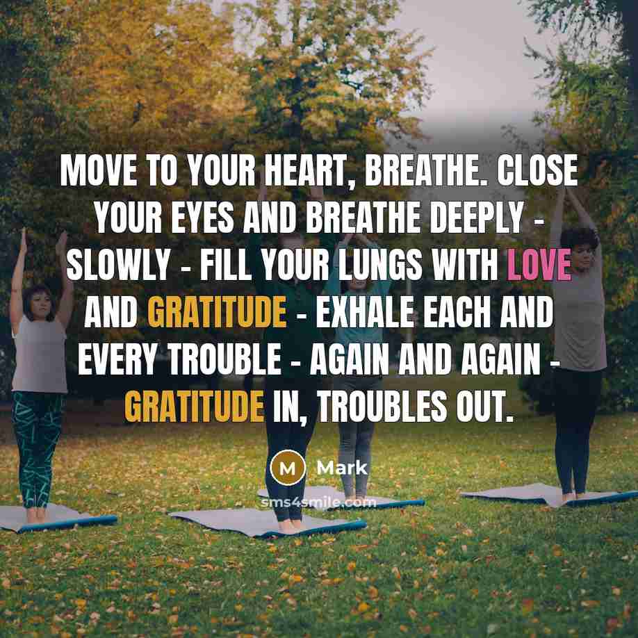 “Move to your heart, Breathe. Close your eyes and breathe deeply - slowly - fill your lungs with love and gratitude - exhale each and every trouble - again and again - gratitude in, troubles out.” quote by Mark