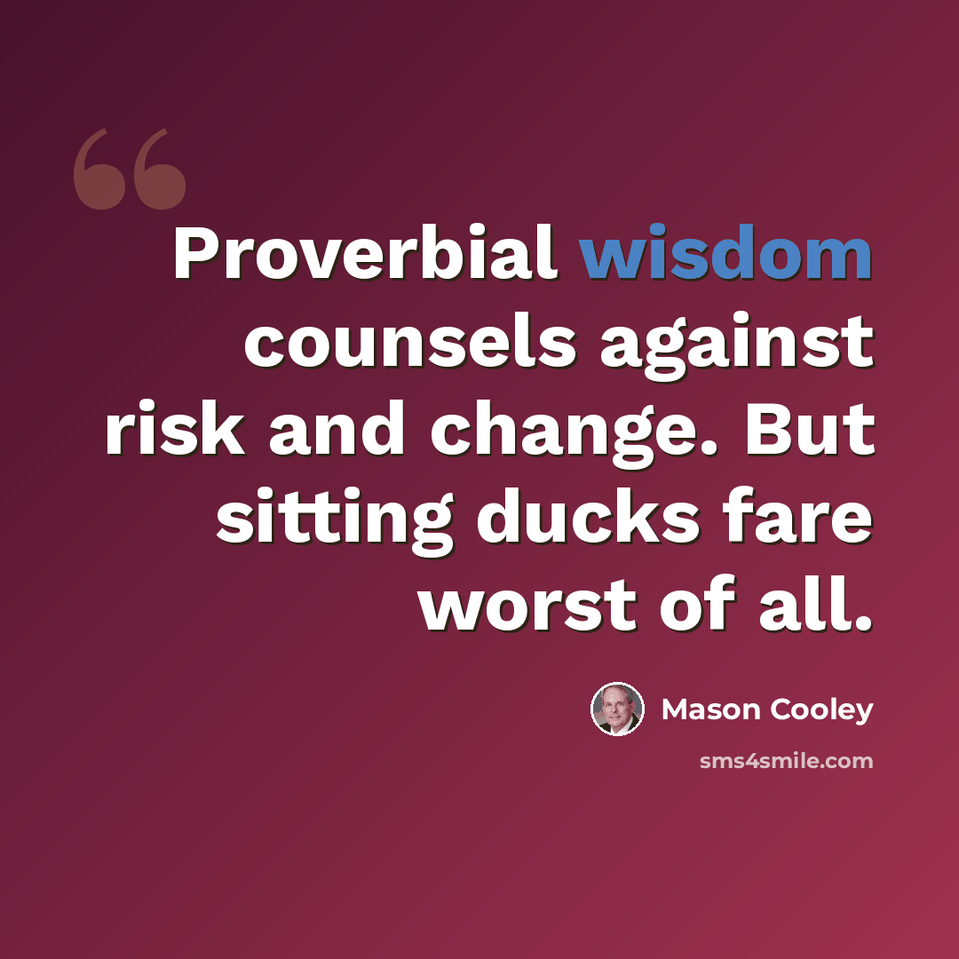 “Proverbial wisdom counsels against risk and change. But sitting ducks fare worst of all.” quote by Mason Cooley