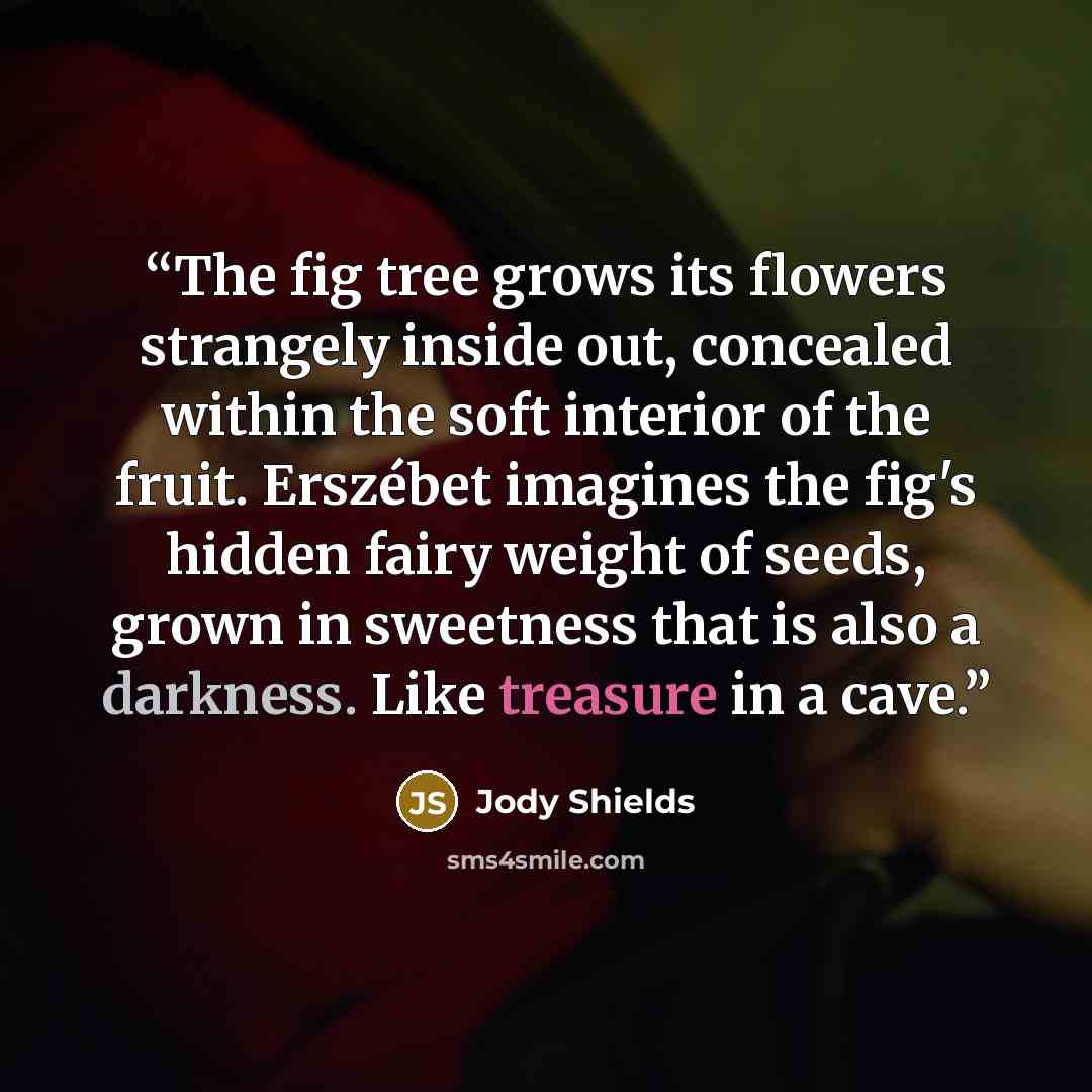 “The fig tree grows its flowers strangely inside out, concealed within the soft interior of the fruit. Erszébet imagines the fig's hidden fairy weight of seeds, grown in sweetness that is also a darkness. Like treasure in a cave.” quote by Jody Shields