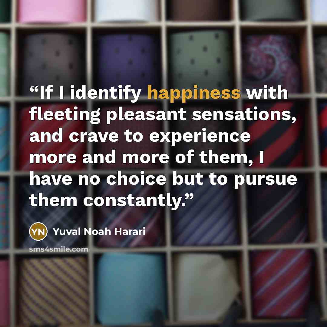 “If I identify happiness with fleeting pleasant sensations, and crave to experience more and more of them, I have no choice but to pursue them constantly.” quote by Yuval Noah Harari