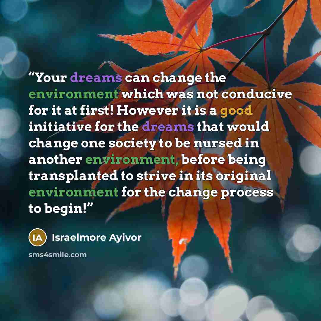 “Your dreams can change the environment which was not conducive for it at first! However it is a good initiative for the dreams that would change one society to be nursed in another environment, before being transplanted to strive in its original environment for the change process to begin!” quote by Israelmore Ayivor