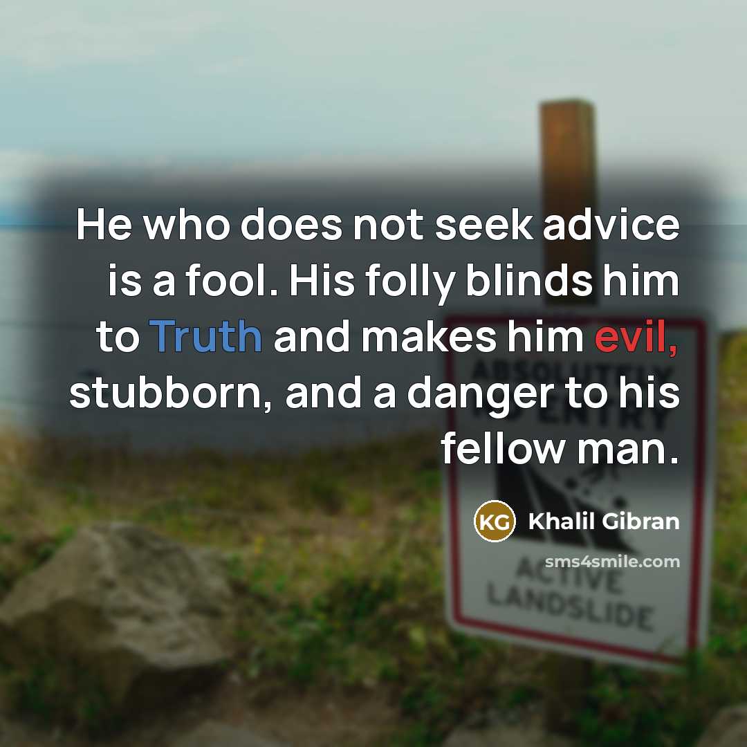 “He who does not seek advice is a fool. His folly blinds him to Truth and makes him evil, stubborn, and a danger to his fellow man.” quote by Khalil Gibran