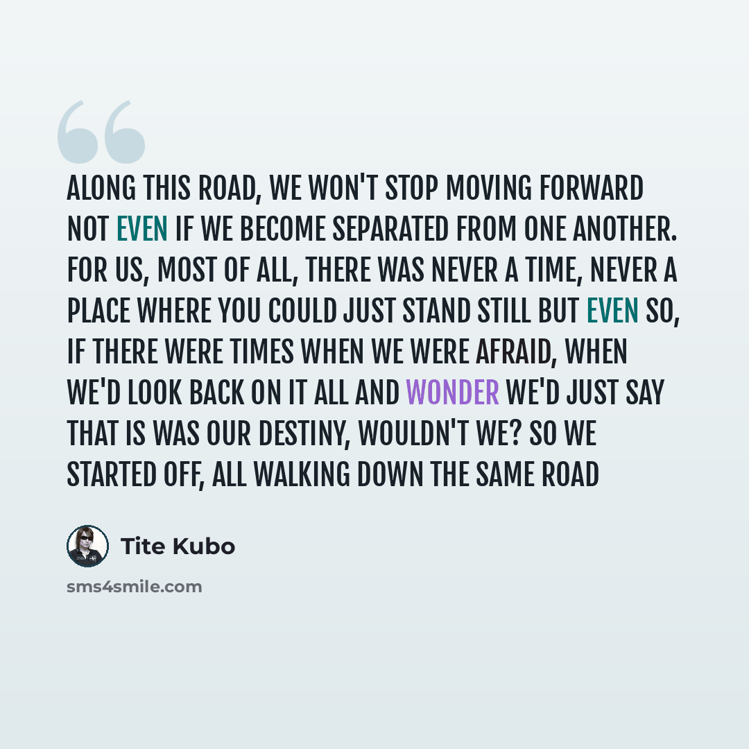 “Along this road, we won't stop moving forward Not even if we become separated from one another. For us, most of all, there was never a time, never a place where you could just stand still But even so, if there were times when we were afraid, when we'd look back on it all and wonder We'd just say…” quote by Tite Kubo