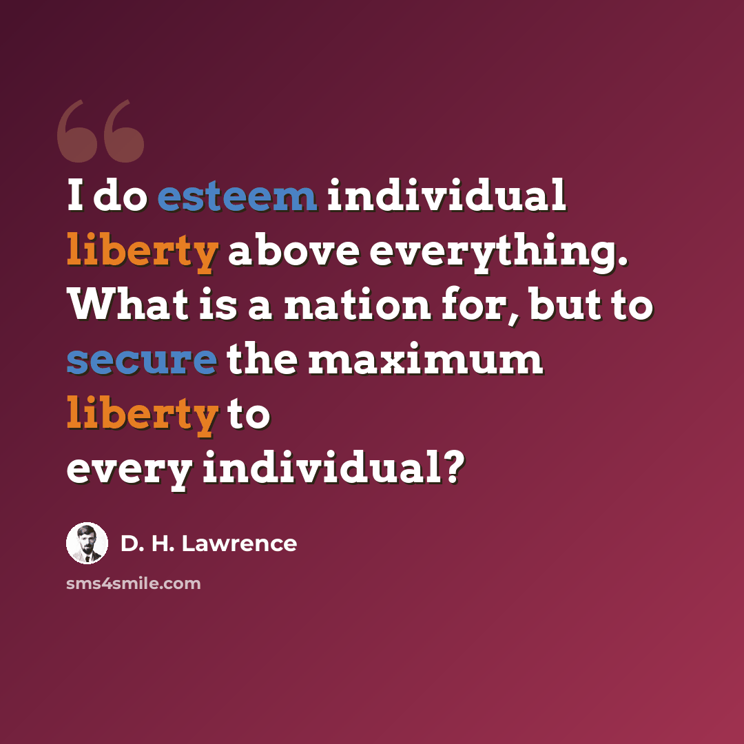 “I do esteem individual liberty above everything. What is a nation for, but to secure the maximum liberty to every individual?” quote by D. H. Lawrence