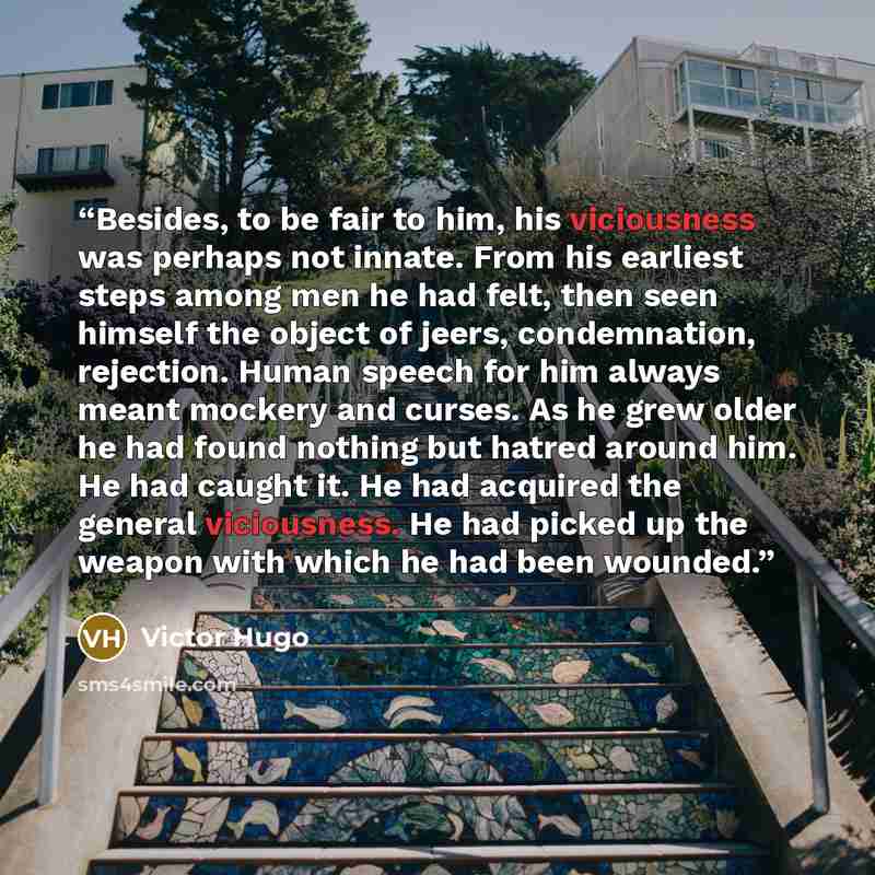 “Besides, to be fair to him, his viciousness was perhaps not innate. From his earliest steps among men he had felt, then seen himself the object of jeers, condemnation, rejection. Human speech for him always meant mockery and curses. As he grew older he had found nothing but hatred around him. He…” quote by Victor Hugo