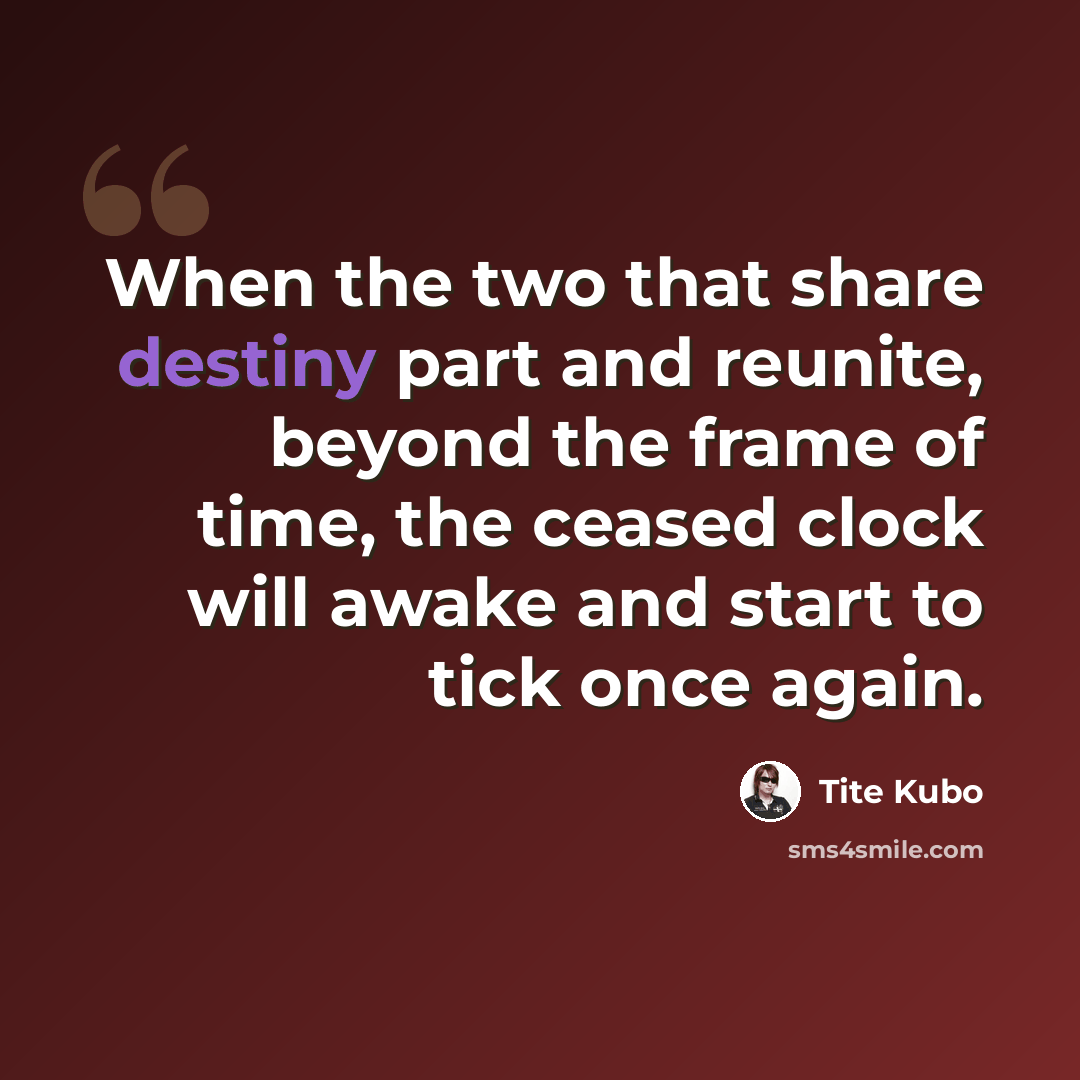 “When the two that share destiny part and reunite, beyond the frame of time, the ceased clock will awake and start to tick once again.” quote by Tite Kubo