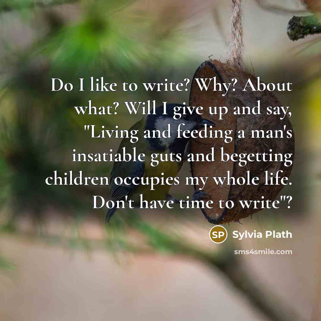 “Do I like to write? Why? About what? Will I give up and say, "Living and feeding a man's insatiable guts and begetting children occupies my whole life. Don't have time to write"?” quote by Sylvia Plath