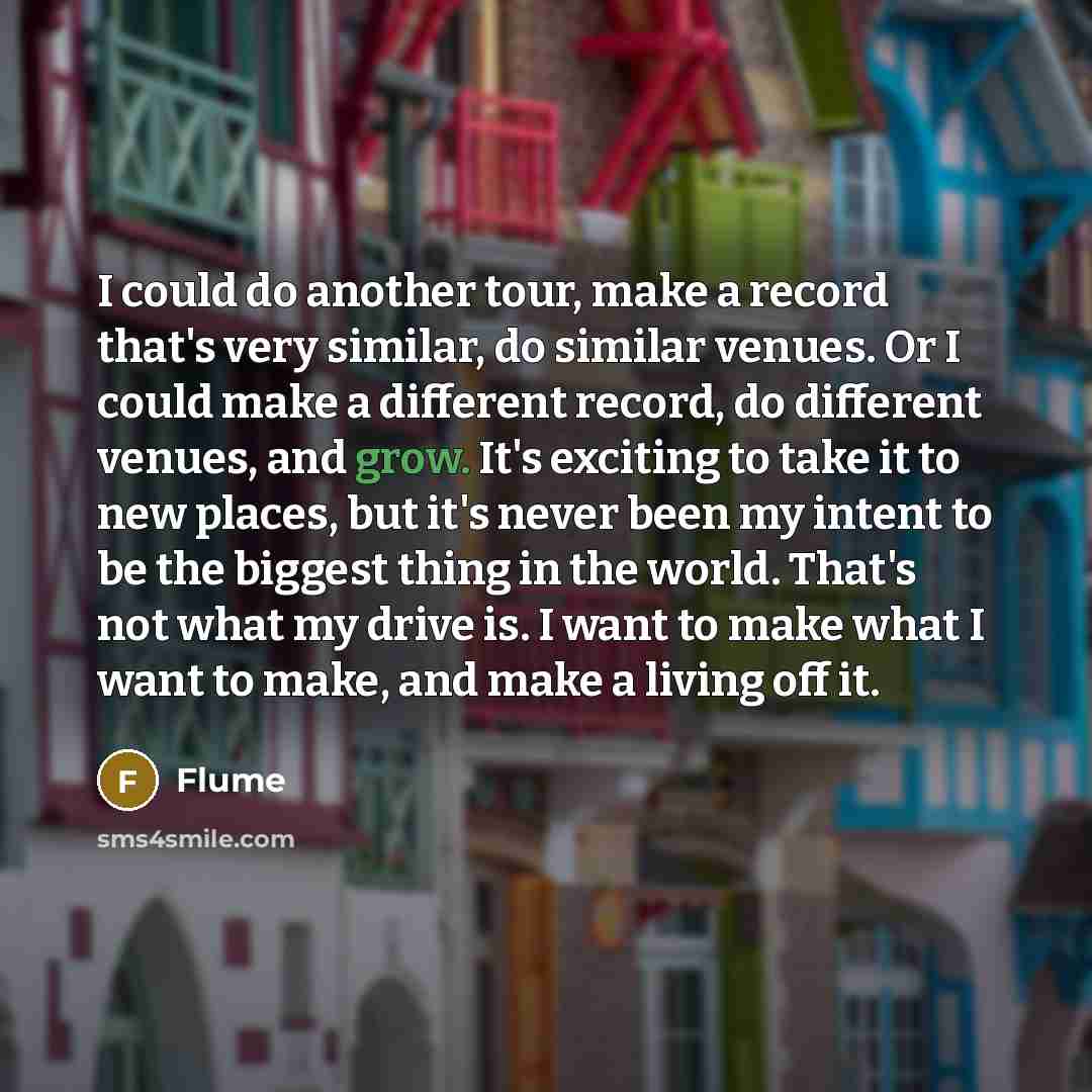 “I could do another tour, make a record that's very similar, do similar venues. Or I could make a different record, do different venues, and grow. It's exciting to take it to new places, but it's never been my intent to be the biggest thing in the world. That's not what my drive is. I want to make…” quote by Flume