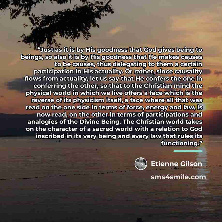 “Just as it is by His goodness that God gives being to beings, so also it is by His goodness that He makes causes to be causes, thus delegating to them a certain participation in His actuality. Or rather, since causality flows from actuality, let us say that He confers the one in conferring the…” quote by Étienne Gilson