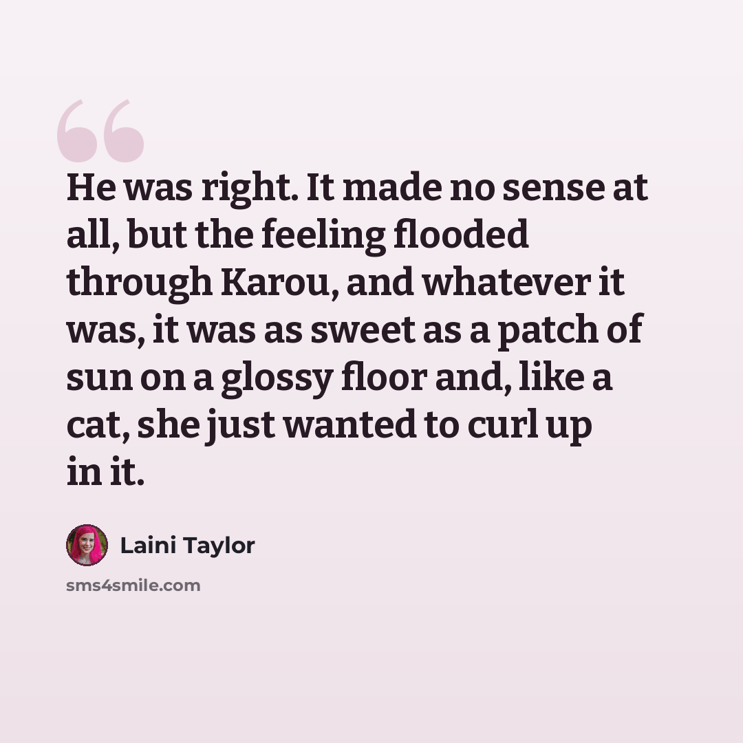 “He was right. It made no sense at all, but the feeling flooded through Karou, and whatever it was, it was as sweet as a patch of sun on a glossy floor and, like a cat, she just wanted to curl up in it.” quote by Laini Taylor