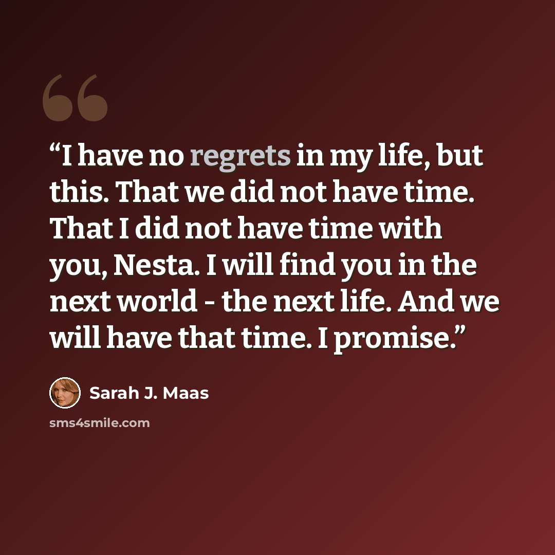 “I have no regrets in my life, but this. That we did not have time. That I did not have time with you, Nesta. I will find you in the next world - the next life. And we will have that time. I promise.” quote by Sarah J. Maas