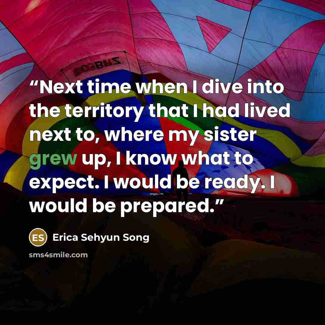 “Next time when I dive into the territory that I had lived next to, where my sister grew up, I know what to expect. I would be ready. I would be prepared.” quote by Erica Sehyun Song